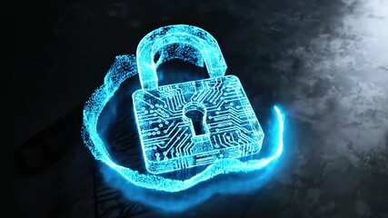 Glowing blue digital lock graphic, circuit board design, dark background with cloudy effect - Powered by Adobe