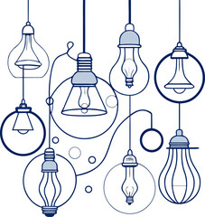 Continuous line lamps and bulbs. One line drawing of light lampshades. Single line drawing of light bulb vector illustration.