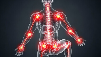Obraz premium Human body with highlighted joints and internal organs in a translucent representation on a dark background