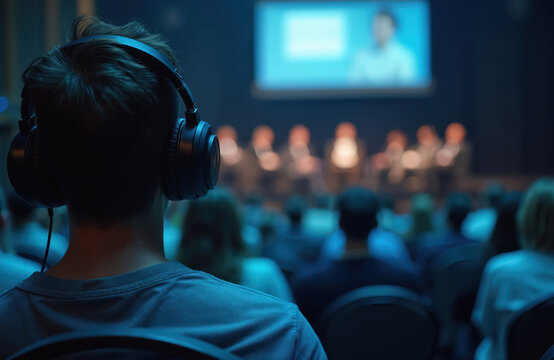 Man wears headphones in audience at conference. Delegates watch speaker on screen. Attendee listens presentation. Educational forum with modern tech. Student learns with audio device. Listener gains