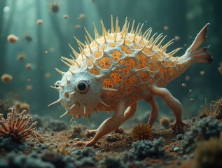 Spiky marine creature with legs walking underwater