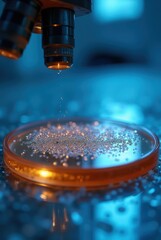 Microscope dropping liquid onto petri dish for research