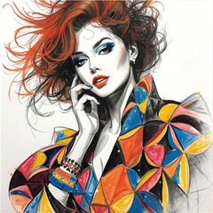 Vibrant Fashion Art Sketch of a Woman with Red Hair and Vibrant Clothing