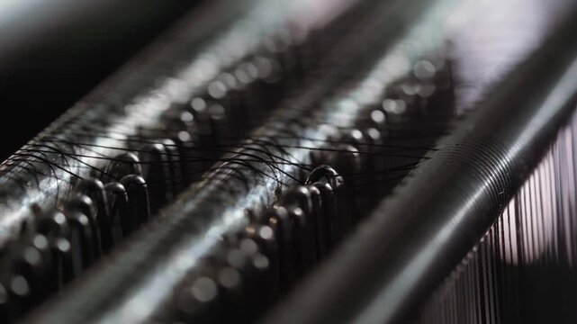Close macro shot shows thin textile threads passing over polished metal guides of a weaving machine, creating a pattern of highlights and shallow focus in industrial motion