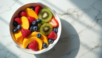 Top view of fruit bowl with ripe fresh slices. Mango kiwi blueberries strawberries and raspberries in white plate. Tasty diet snack or dessert food concept on marble background. Healthy eating.