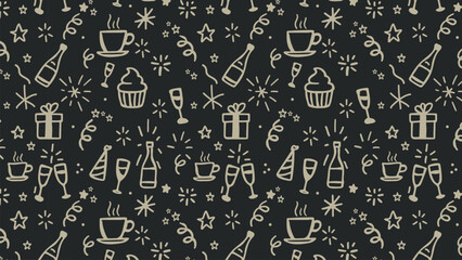 Seamless party and new year icon pattern on a black background featuring champagne glasses, gifts, stars, and festive elements ideal for holiday designs, wrapping, invitations and celebrations.