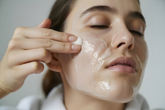 Young woman applying white face mask or cleanser for healthy, glowing skin, reflecting a refreshing beauty ritual, self-care routine, spa treatment, natural cosmetic, and clear skin.