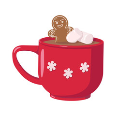Red mug with white snowflake design filled with hot chocolate, topped with marshmallows and a gingerbread man cookie. Cozy and festive winter illustration perfect for holiday themes