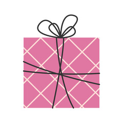 Pink gift box with diamond pattern and ribbon bow. Cute pastel square present for holidays, birthdays and festive packaging designs.
