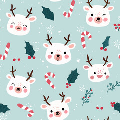 Cute Christmas seamless pattern with reindeers and candy canes