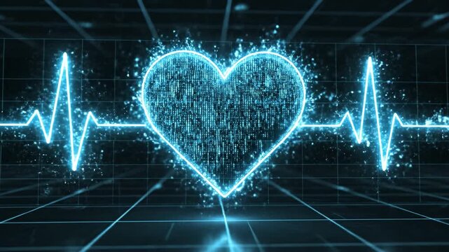 Digital heart shape with glowing blue electrocardiogram heartbeat line, futuristic medical technology concept showing health monitoring and digital heart rate monitor on dark grid background