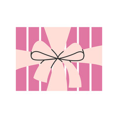 Square pink gift box with large ribbon bow. Elegant pastel present with striped wrapping for holidays, birthdays and festive packaging designs.