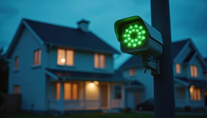 Modern security camera with bright green LED light monitors suburban homes at dusk. Two white houses warm glowing lights inside, showing active living. Smart surveillance system provides safety, tech