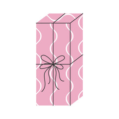 Tall pink gift box with elegant ribbon bow. Wrapped present with decorative pattern. Perfect for holiday cards, packaging, birthdays and festive designs.