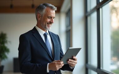 happy middle aged business man ceo wearing suit standing in office using digital tablet smiling mature businessman professional executive manager looking .image illustration. High quality
