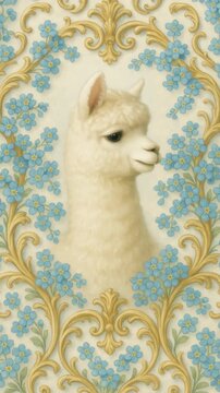 Charming alpaca portrait framed by ornate floral patterns, captured from a front-facing angle. Ideal for whimsical video backgrounds or playful decor. Live mobile wallpaper.