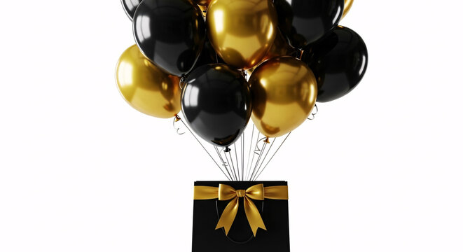 Celebrate in style with black and gold balloons floating above a chic gift bag, perfect for elegant events and luxury promotions, creating joy and excitement