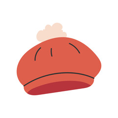 Cozy winter beanie hat with pom pom in warm coral tones. Soft minimal headwear for cold season designs, apparel prints and hygge themes.