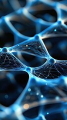 Close-up of a digital rendering of a neural network structure with glowing blue light and a dark background.