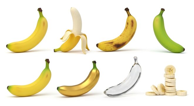 Diverse banana collection showcasing ripeness stages from green to yellow to overripe with peeled golden and transparent bananas on a white background