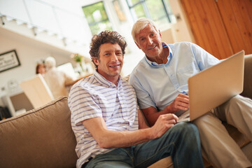 Laptop, portrait and elderly dad with man in home for social media, visit or bonding. Support, family and online with senior father for adult son, tech and help for internet safety for retirement
