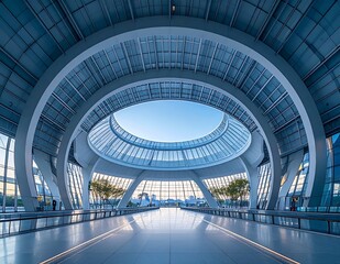 Obraz premium Modern airport terminal interior with futuristic architecture and natural light.