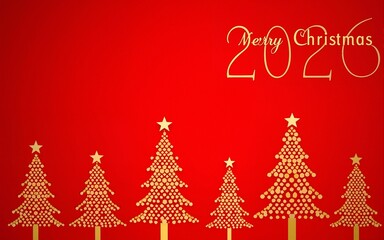 Golden dot pattern christmas trees on red background with merry Christmas 2026 text. Festive greeting card design. New year and holiday celebration concept. High quality