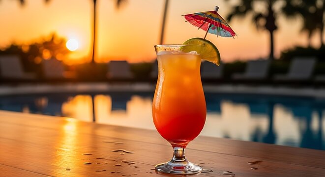 Tropical Cocktail at Sunset by the Pool with Umbrella and Lime
