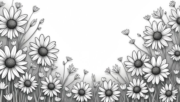 Black and white daisy illustration features detailed floral outlines and grass stalks against a clean white background. Perfect for coloring books, craft projects, and positive affirmations.