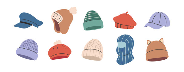 Set of cozy winter hats and warm headwear for cold season designs. Trendy knitted beanies, balaclava, caps and cute accessories for winter branding, packaging, stickers and apparel prints.