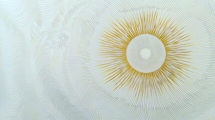 An abstract design featuring a central sunburst pattern with radiating lines and a textured sphere, surrounded by wavy lines on a white background.