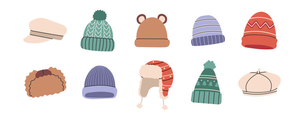 Trendy winter beanies and warm knitted hats set for modern seasonal branding, packaging and apparel designs