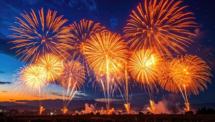 Vibrant orange fireworks bursting over a landscape against a dark blue sky