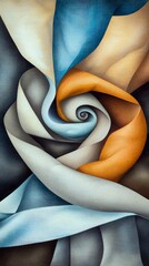 An abstract artwork featuring a swirling composition of colorful fabric, creating a spiral effect with a textured appearance.