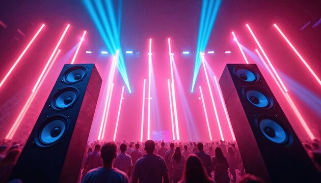 Electronic music fest features speakers illuminated by neon lights. Concert show with crowd having fun, watching vivid lasers, visual effects. People enjoy music party event with audio at dance club.