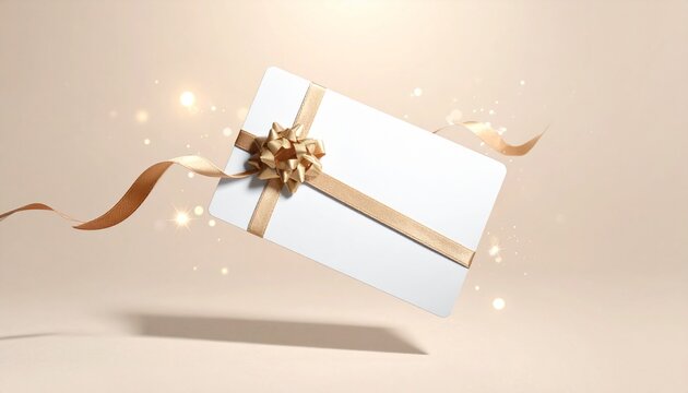 Digital gift card mockup floating with sparkles and soft lighting on neutral studio background
