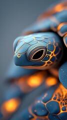 Close-up of a stylized turtle with blue and orange glowing details. The image has a soft, dreamlike quality.