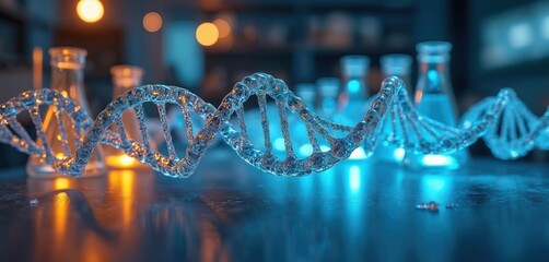 Glass DNA double helix model sits on lab table with scientific glassware. Research, discovery, and gene sequencing are ongoing in the blurred background.