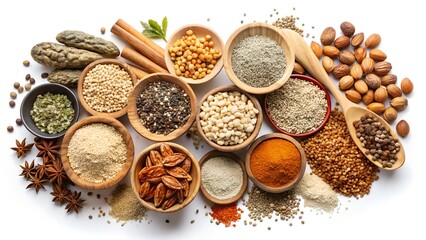 Variety of spices and herbs in wooden bowls on white background for culinary and food photography