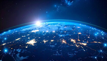 Digital representation of earth with glowing blue lines and dots, symbolizing connectivity and technology, image conveys sense of innovation and global communication