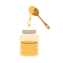 Glass honey jar with wooden dipper and dripping honey, perfect for warm tea and kitchen decor
