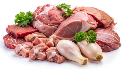 Variety of fresh raw meat cuts beef pork and chicken arranged on a white background