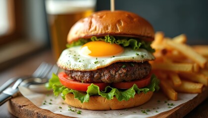 Delicious burger with beef patty served with tomato and green lettuce with fried egg on top. Burger served with french fries and beer on wooden board. Meal concept.