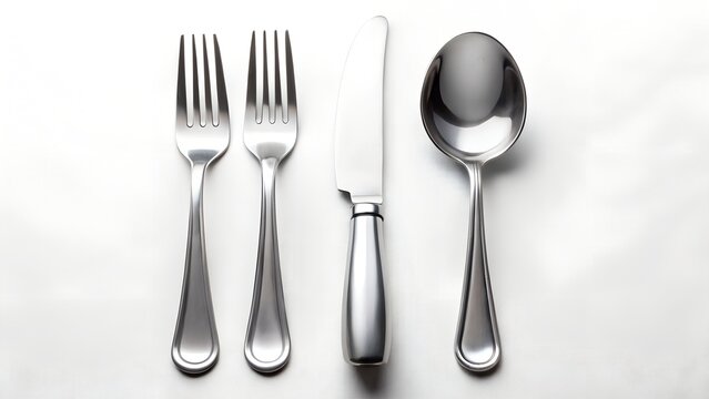 Elegant silverware set two forks knife and spoon on white background for table setting - Powered by Adobe