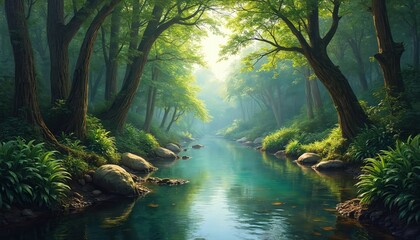 Obraz premium Calm river flows through rich green forest. Tall trees with dense foliage line banks. Sunlight filters through leaves, illuminating water and rocks. Nature appears peaceful and undisturbed.