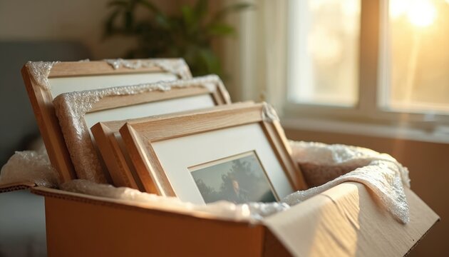 Packed picture frames inside cardboard box. Home move concept. Moving house. Unpacking stuff, decoration. Relocation planning. Time to pack belongings. Personal things in container. Preparing for