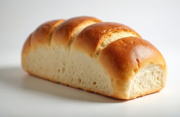 Golden brown loaf of fresh bread with soft white crumb sits on clean white surface. Delicious baked goods, simple food photography for recipes and articles.
