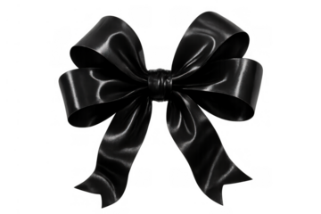 Black satin ribbon bow creating a decorative element, symbolizing mourning, a gift, or an elegant accent, transparent background