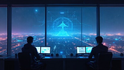 Obraz premium Two air traffic controllers manage flights from command center overlooking glowing city at night. Dispatchers use computers to monitor holographic airplane on virtual runway. Advanced aerospace