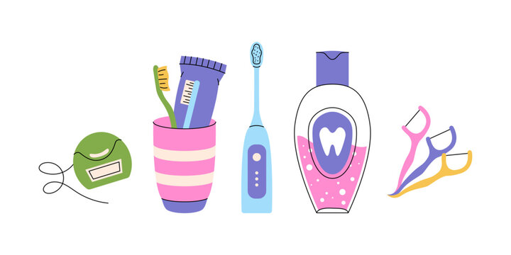 Dental care kit with toothbrush, toothpaste tube, electric brush, mouthwash, floss and dental pick for clean tooth and fresh oral hygiene